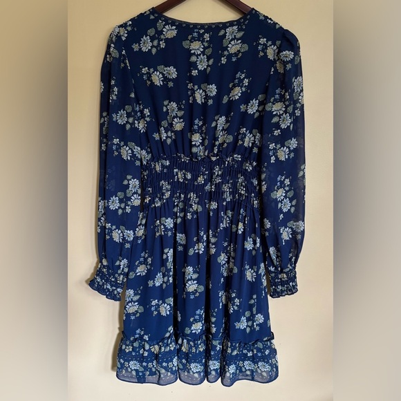 Max Studio| Boho Royal Blue Floral Long Sleeve Gathered Ruffled Dress Sz M - Picture 5 of 7